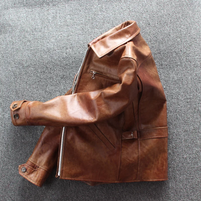 

American Casual Style Mens Leather Jacket Vintage Cow Skin Real Leather Jacket Redo Leather Coat