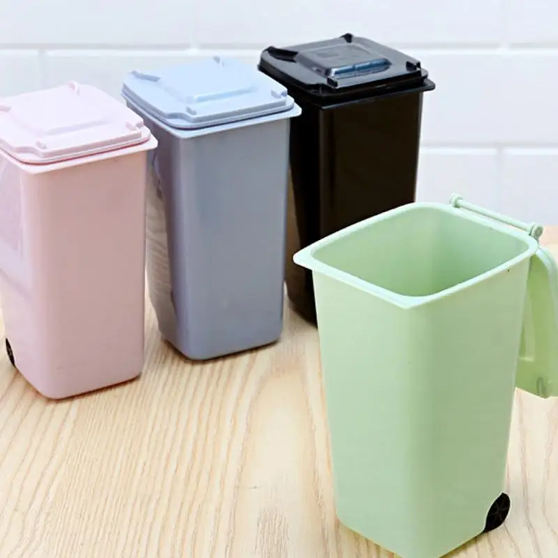 

Mini Desktop Trash Can Plastic Waste Bins With Lid Household Clean Trash Desk practical mall Scissors Pencil Office Supplies