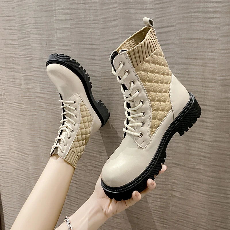 

hot knitting boots real cow leather patchwork korean girls thick med heel round toe lace up daily wear ankle boots