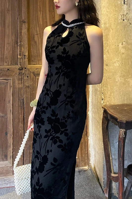 

Dresses Korean fashion for Women Summer Young Long Satin Flocking Girl Slim Fit Elegance Retro Dress Kawaii