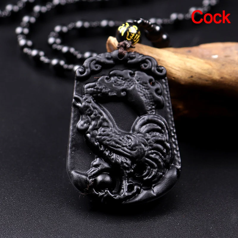 Ожерелье из натурального черного обсидиана с подвеской в виде животного амулет