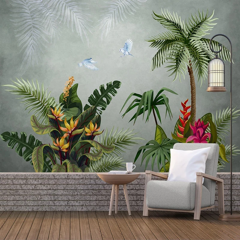 

Custom Mural 3D Hand Painted Tropical Rainforest Plants Flowers Birds Art Wall Painting Living Room Bedroom Wallpaper Murals 3D