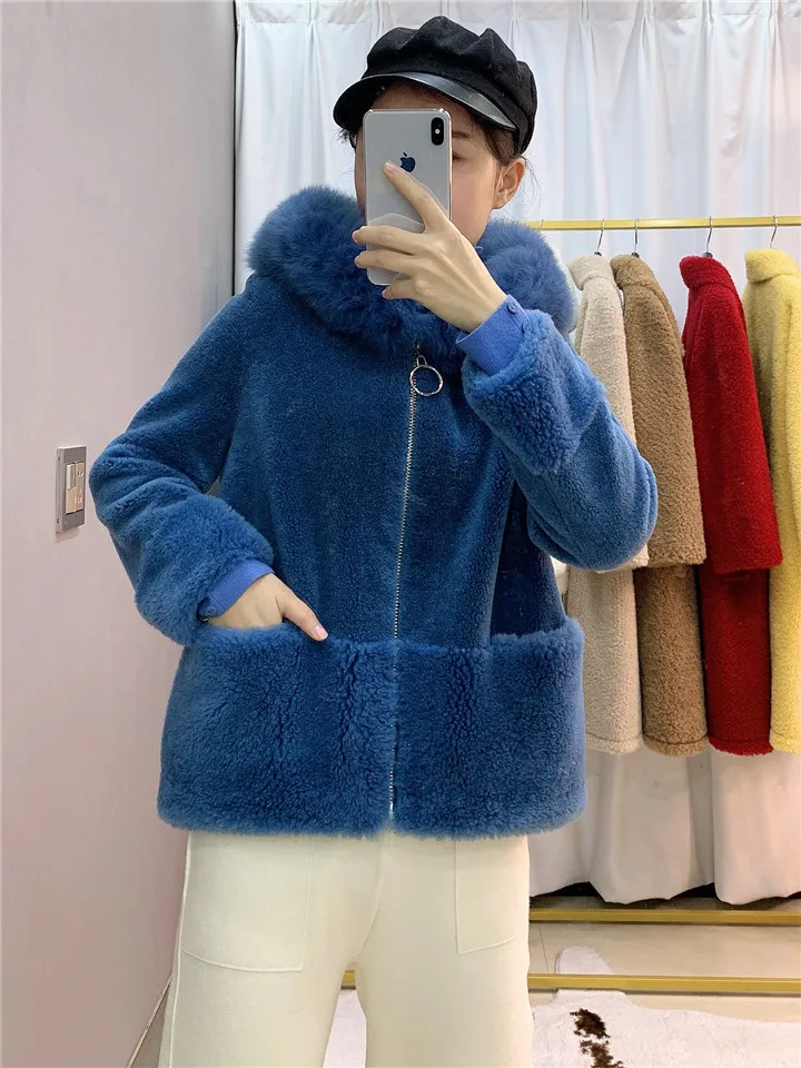 OFTBUY пальто с натуральным мехом, зимняя женская куртка, Воротник из натурального Лисьего меха, капюшон, шерсть, тканая верхняя одежда, плюшевый флис