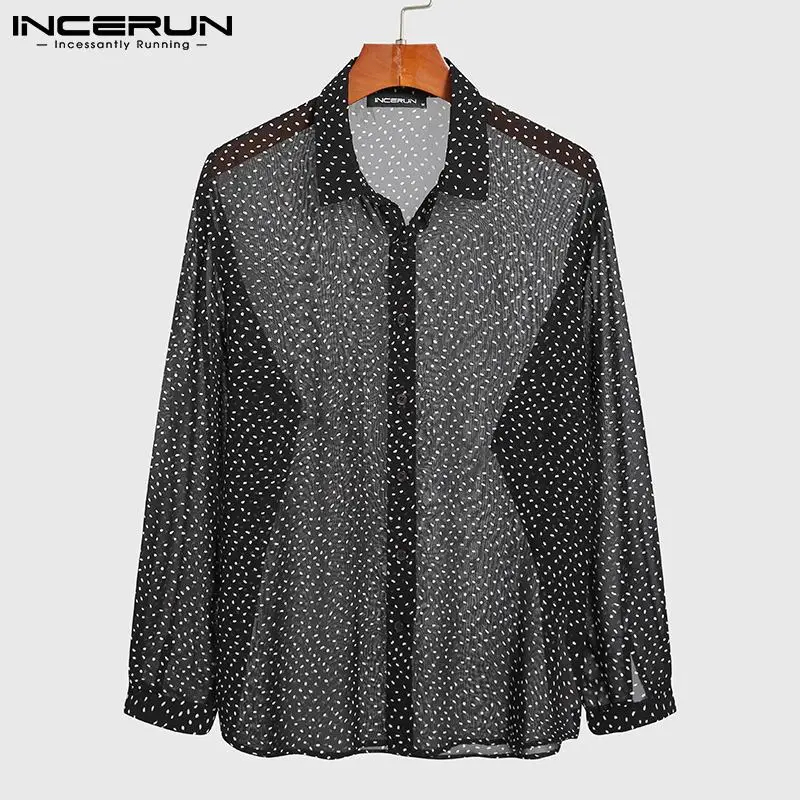 

Рубашка INCERUN 5XL мужская с отложным воротником, стильная повседневная Прозрачная Тонкая с длинным рукавом, на пуговицах, с принтом, уличная од...
