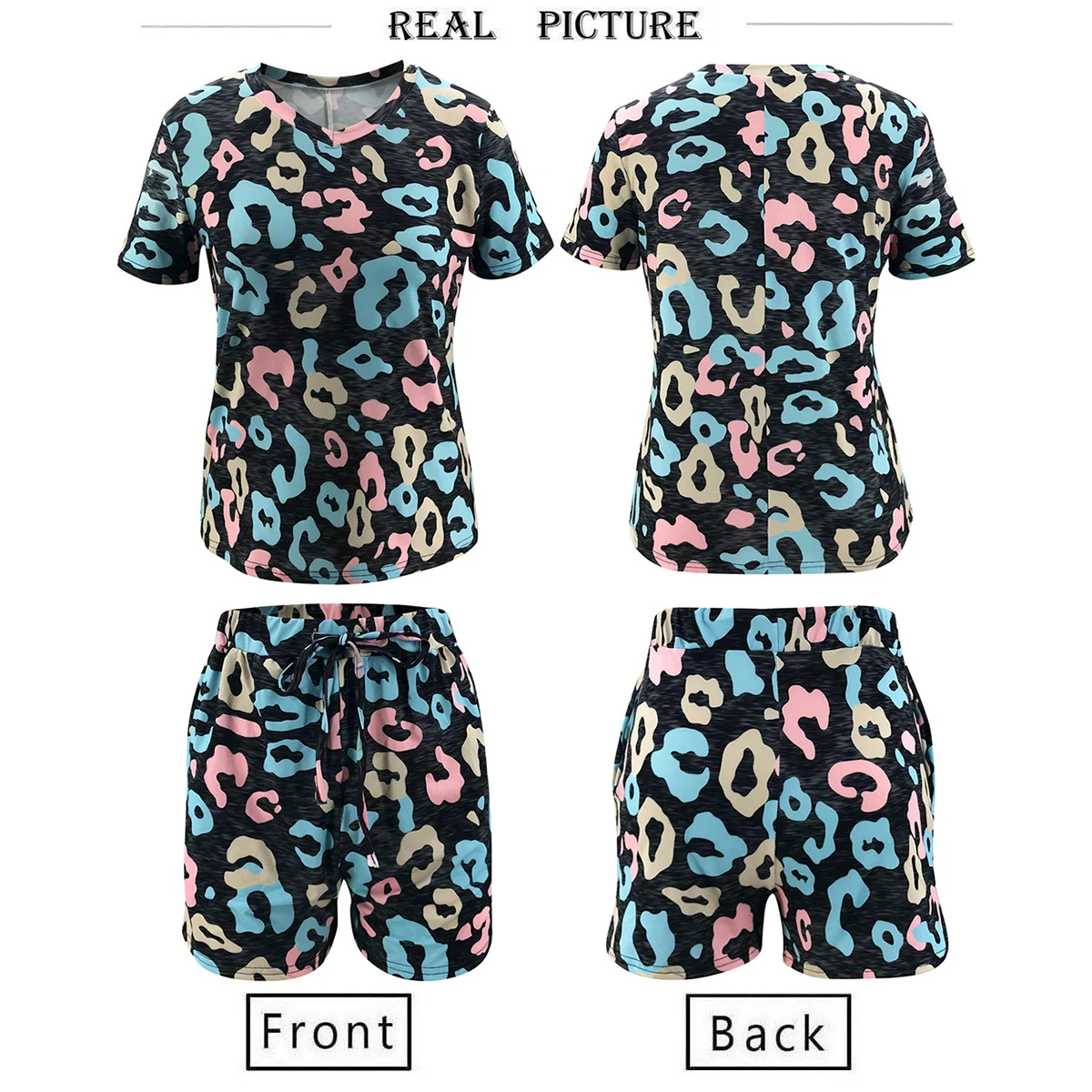 

2 Pcs Women Home Clothes Set V-Neck Casual Print T-shirt + Drawstring Elastic Waist Shorts (S/M/L/XL)