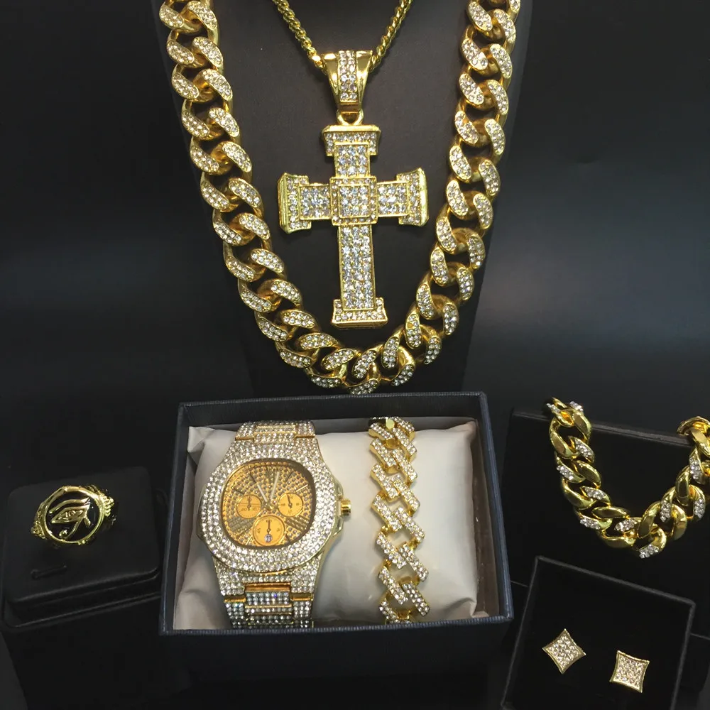 

Luxury Men Gold Watch & Necklace & Bracelet & Ring & Earrings Combo Set Ice Out Cuban Jewelry Crystal Miami Necklace For Men
