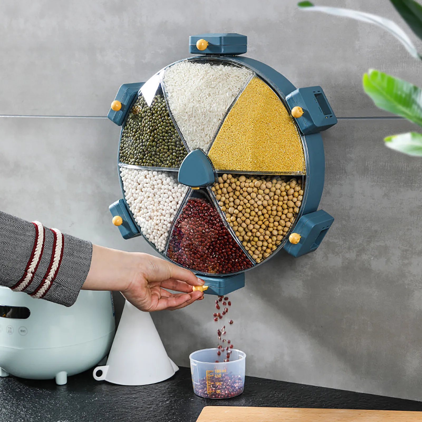 

8.5L Large Rotate Storage Containers Cereals 6-Grid Dry Food Rice Dispenser Holder Divided Cells Wall Mounted Kitchen Organizer