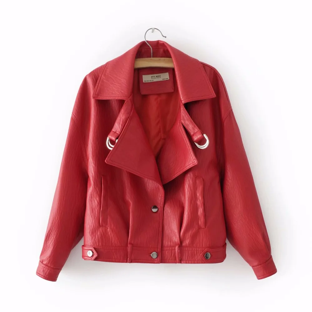 Fashion red PU leather jacket coat female Belt zipper Spring Autumn patchwork basic jacket Casual outerwear faux leather coat