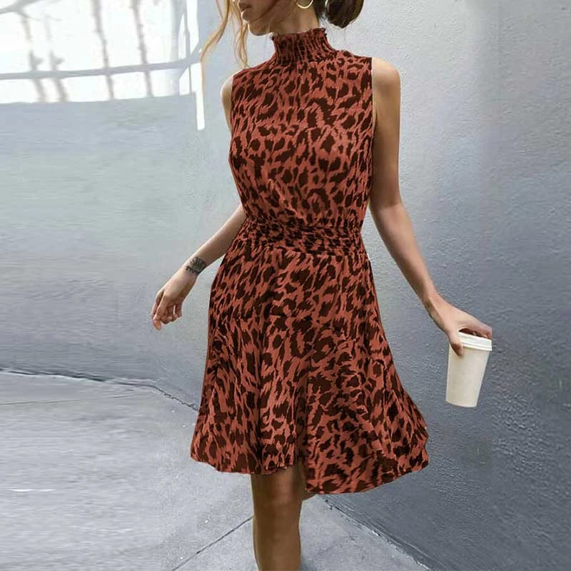 

Plus Size 2020 Summer Print Turtleneck Women Dresses Casual Elegant Midi Dress