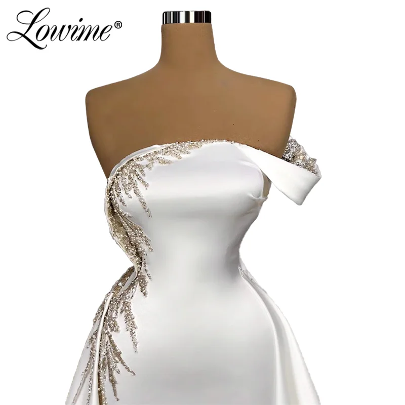 

Dubai Crystal Long Evening Dress Mermaid Ivory White Satin Party Gown 2020 Plus Size Celebrity Prom Dresses Robe De Soiree Aibye