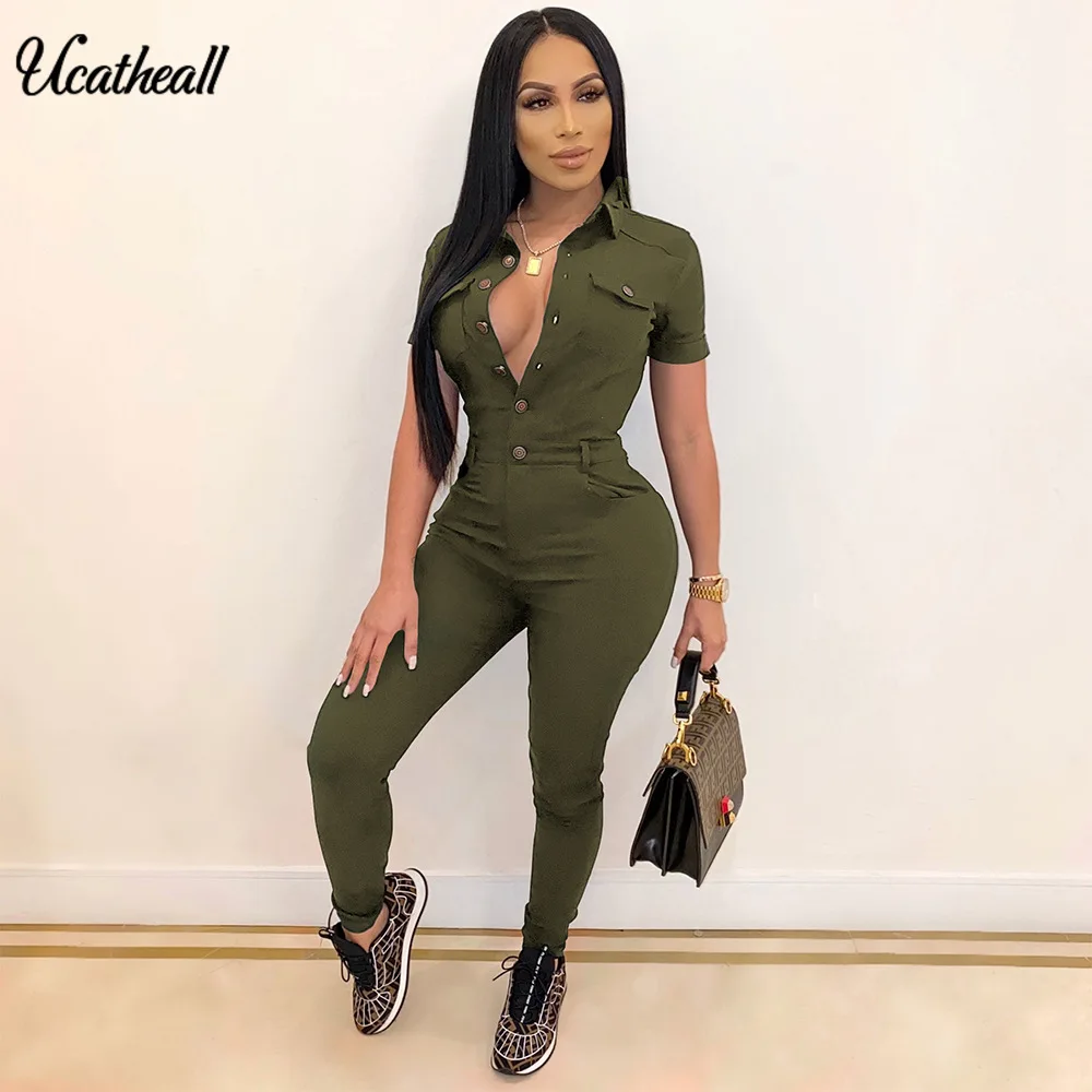 

Women Summer Short Sleeve Clubwear Long Playsuit Button Up Casual Fashion Bodycon Party Romper Lapel Pencil Jumpsuit