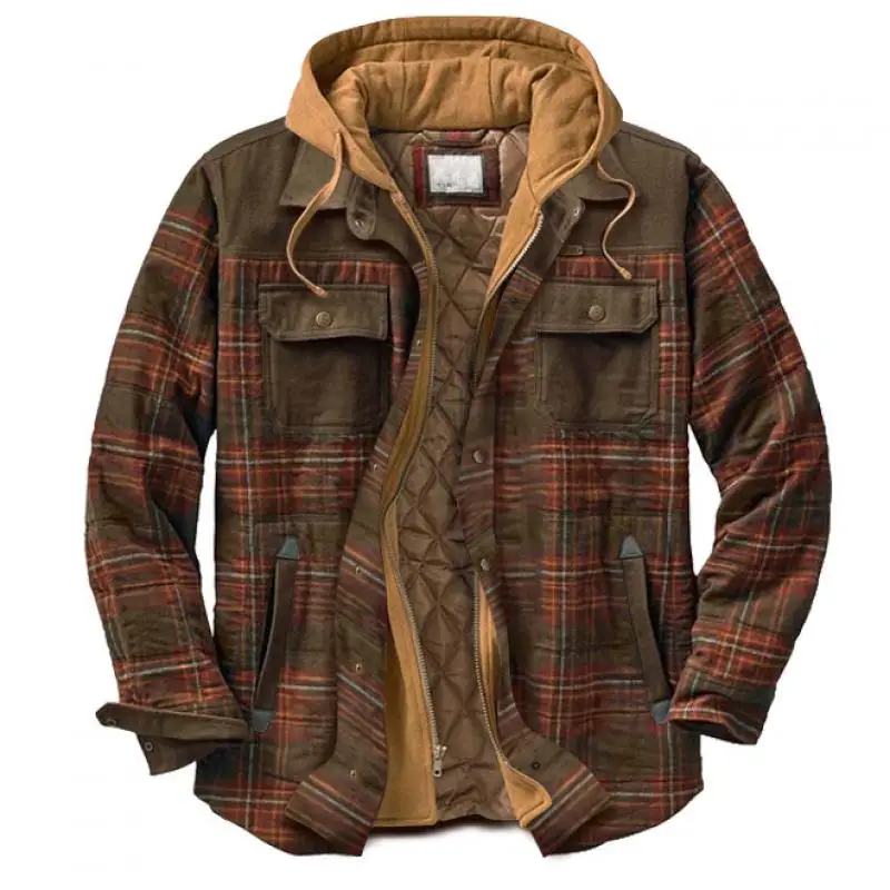 Long-Sleeved Loose Hooded Jacket M-3Xl Explosive Men's Clothing European American Autumn and Winter Models Thick Cotton Plaid