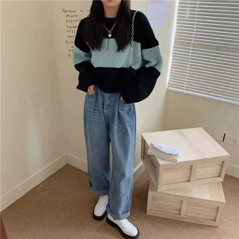 Японский цветной свитер женская одежда 2021 Новый Свободный пуловер ленивый