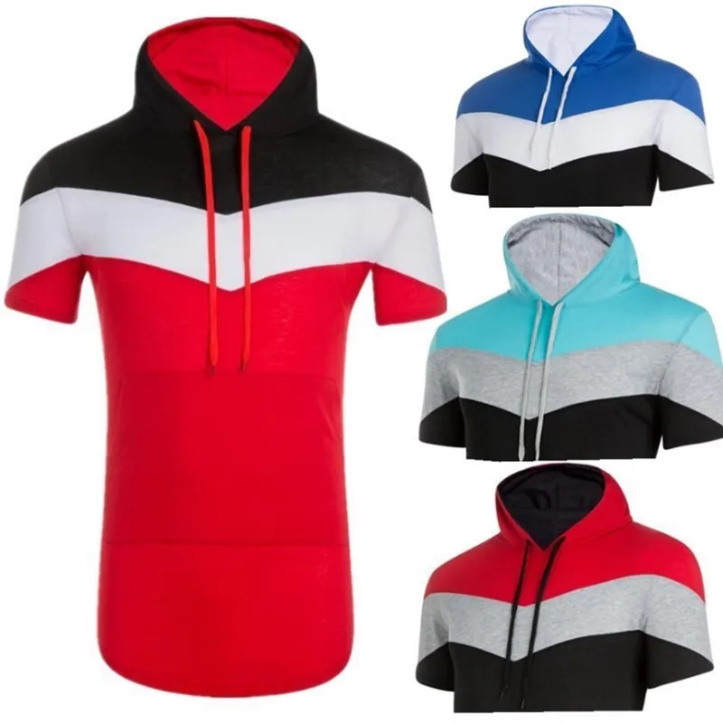 

New Men's Hipster Hip Hop Short Sleeve Hoodie 3-color stitching T shirt Men short sleeve Hoodies design long hoodies Size M-3XL