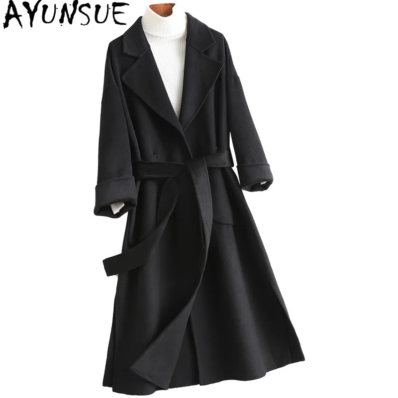 Spring Autumn Double-sided Long Woolen Coat Female Black Thin Wool Jackets Women's Fur Coats Casaco Feminino Gxy398