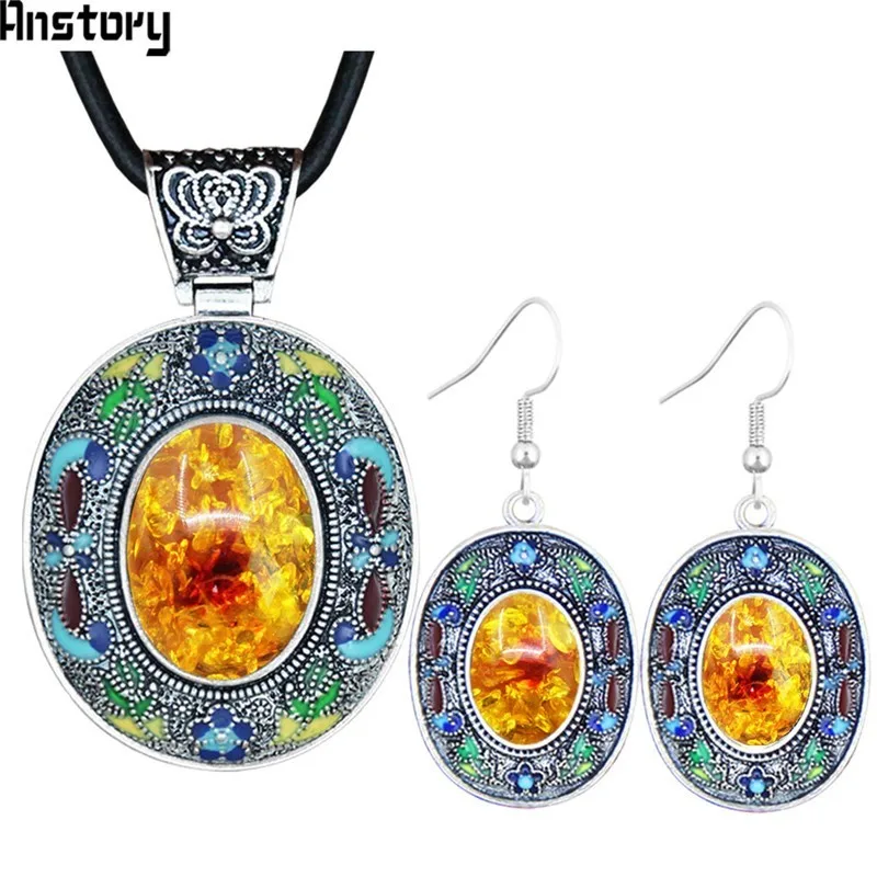 

Oval Simulated Ambers Jewelry Sets Vintage Look Necklace Earrings Hand Painting Craft Flower Plant Bohemia Fashion Jewelry TS451