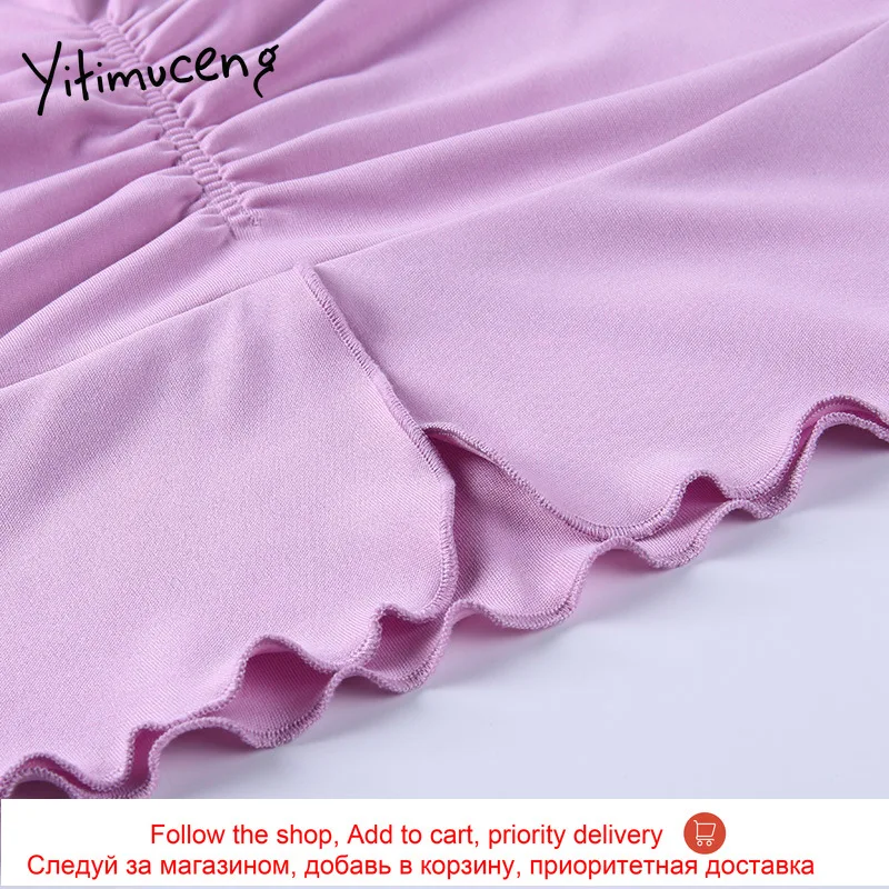 

Yitimuceng Woman Tshirts Irregular Edible Tree Fungus Casual Shirring Purple Summer 2021 V-Neck Top Spliced T Short Top New