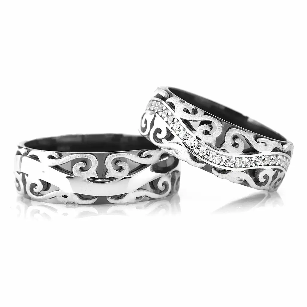 

Creeper Pattern Embroidered 925 Sterling Silver Couple Wedding Rings