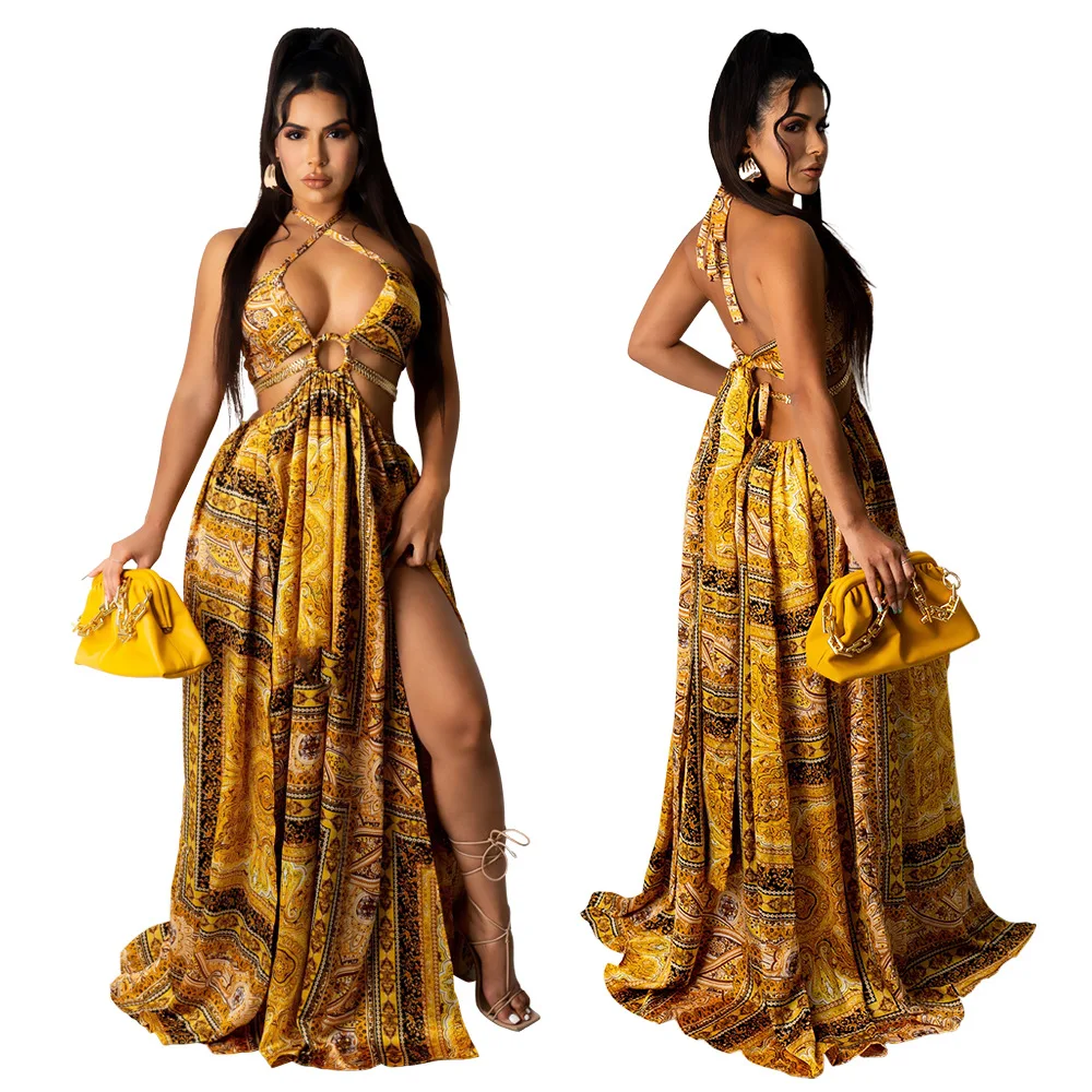 

Fashion sexy women's skirt irregular open fork big swing skirt hanging neck long skirt dress woman summer dress club dress