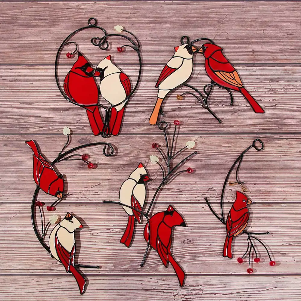 

Lovebirds Design Red Bird Stained Glass Decor For Home Hanging Pendants Window Hanging Ornament Wall Iron Art Decoration Crafts