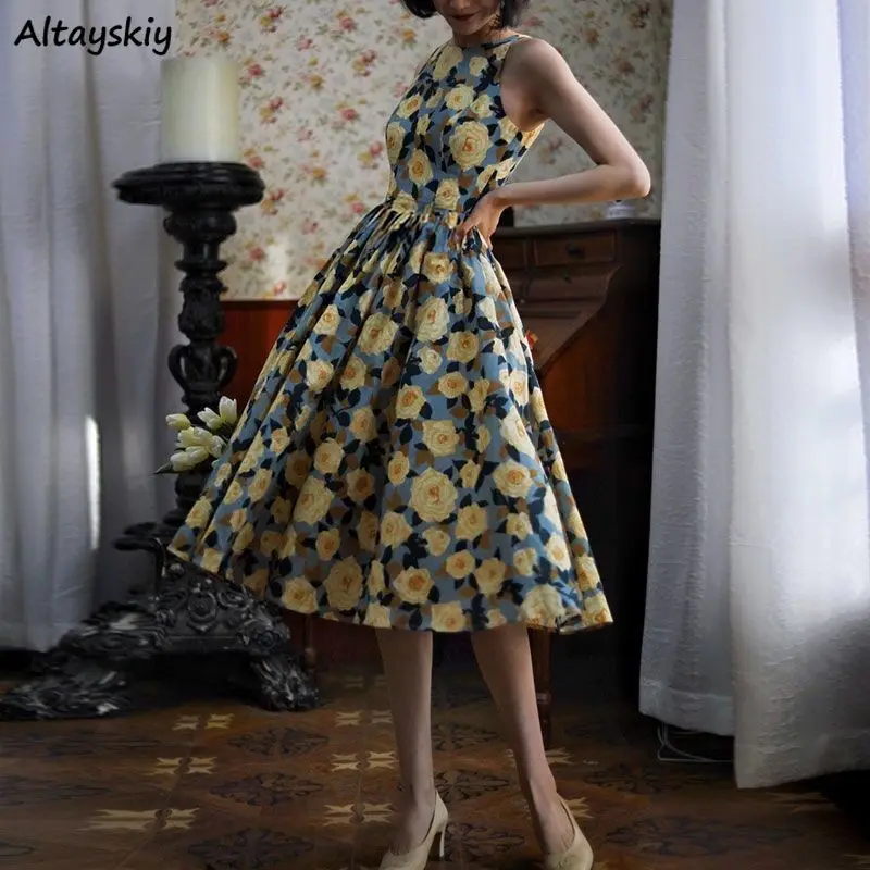 

Dress Women Vintage Loose Temperament High Waist Hollow Out Sexy French Style A-line Party Floral Fashion Sleeveless Lady Casual