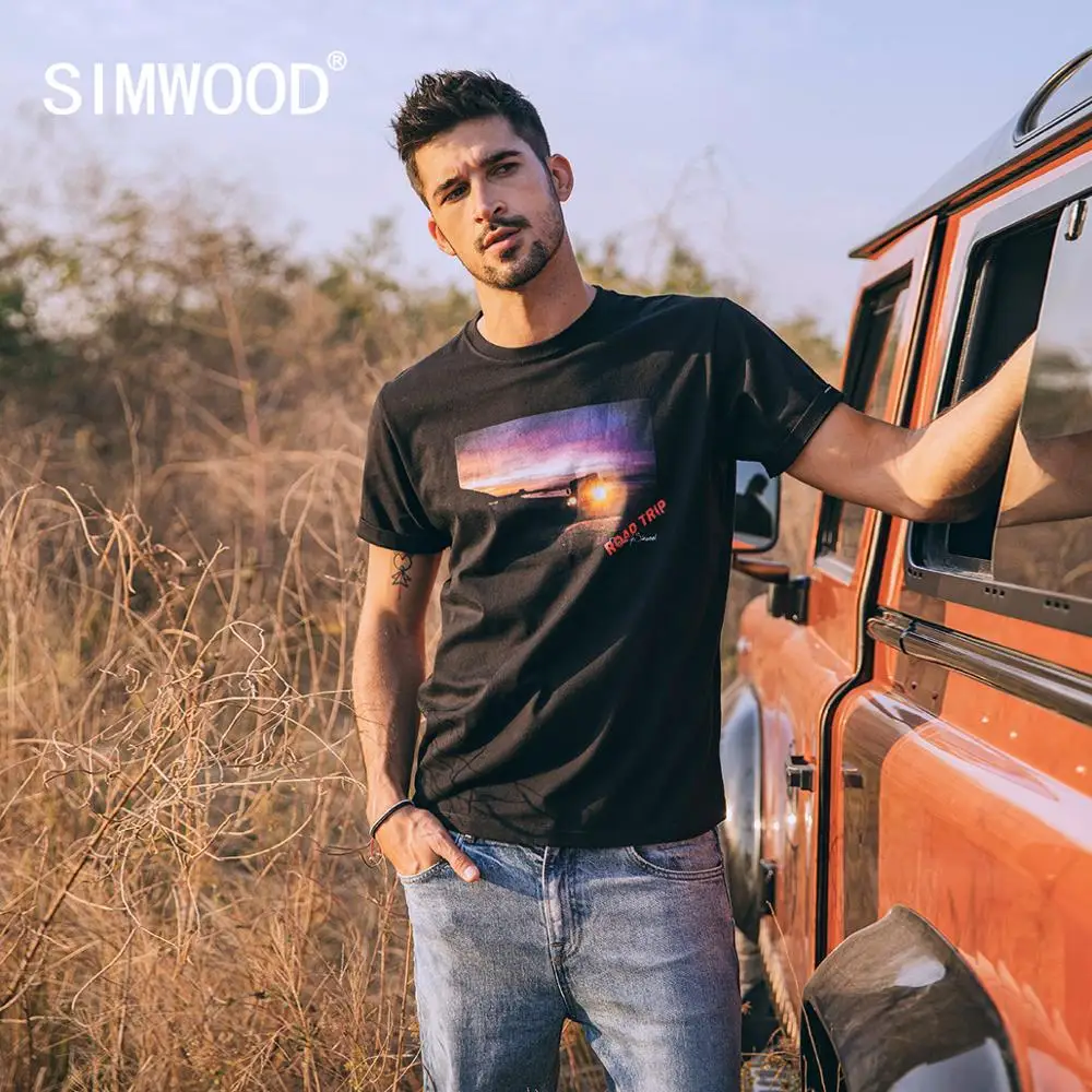 Мужская летняя футболка SIMWOOD модная дышащая из 100% хлопка с принтом заката размера
