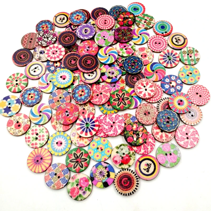 

Vintage 100Pcs/lot Mixed Painting Wood Buttons For Handwork Sewing Scrapbook Clothing Crafts Accessories Gift Card Decor 20MM