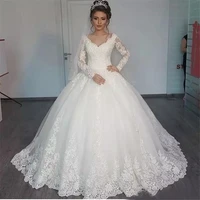long sleeve lace ball gown wedding dress appliques v neck ivory tulle bridal wedding gowns floor length plus size bride dresses