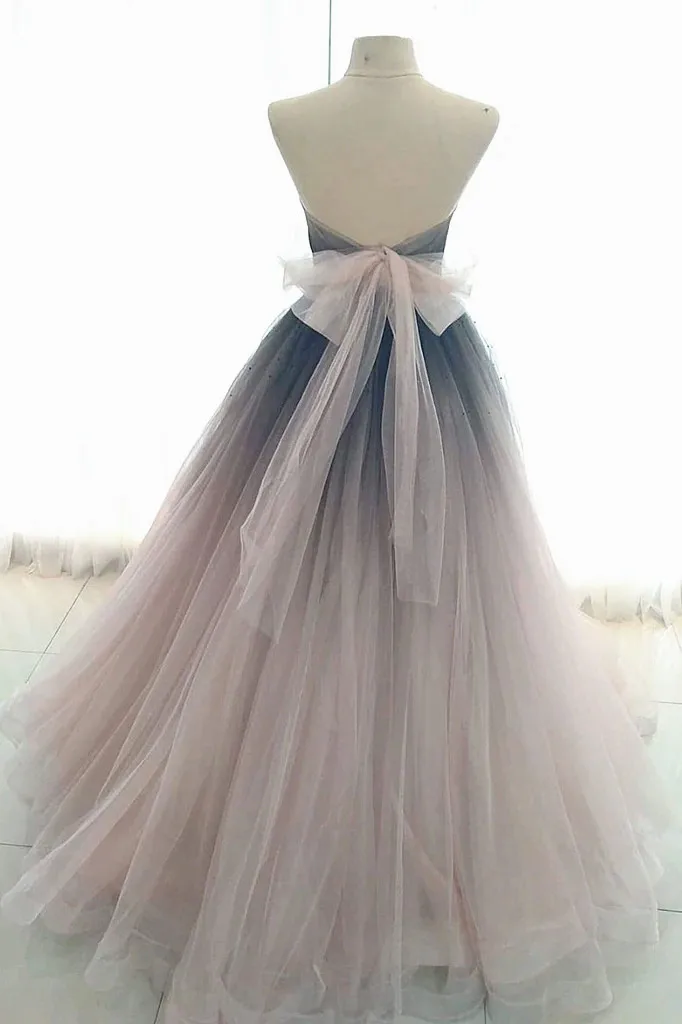 

Dusty Pink Tulle Prom Dress Floor Length Sleeveless Strapless Black Step By Step Change Pink Evening Dress