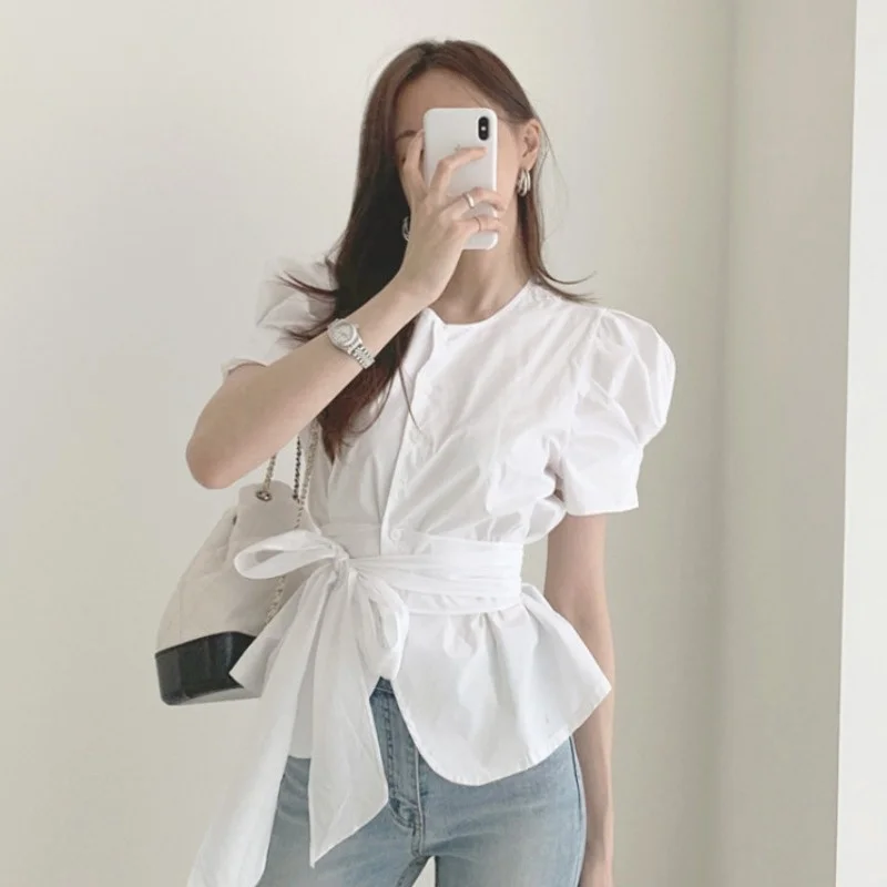 

Summer Solid Waist Strap Single Breasted O Neck Shirt Retro Puff Sleeve Women Tops X600