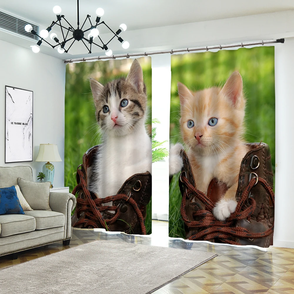

Perforated Hook 3D Blackout Curtains Buff White Cat Custom Lovely Fashion Full Sunscreen Windows Bedroom Living Room Decoration