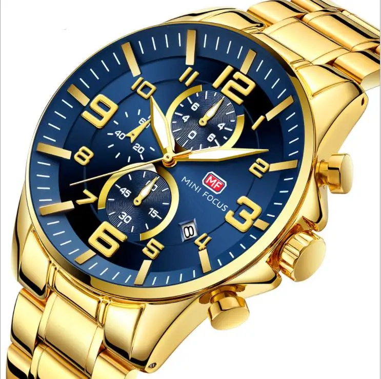 

MINI FOCUS Gold Watches Men Luxury Brand Automatic Multi-function Movement Luminous Waterproof Large Watch 0278G