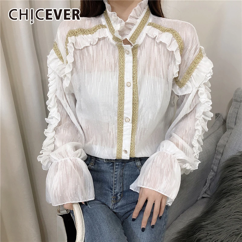 

CHICEVER Korean Patchwork Ruffle Hit Color Women's Shirts Stand Collar Flare Sleeve Oversize Blouse Female 2020 Fashion New