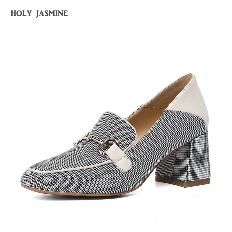

Retro Office Ladies Shallow Pumps Women 2021 Spring Autumn Mixed Colors Metal Buckle Casual Party Shoes Woman Loafers High Heels