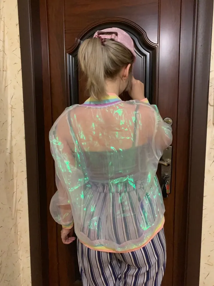 

Women Coat Jacket Bomber Fashion New Design Hot Sale One Size Coat Transparent Rainbow Thin Zipper Casual Polyester Full Solid