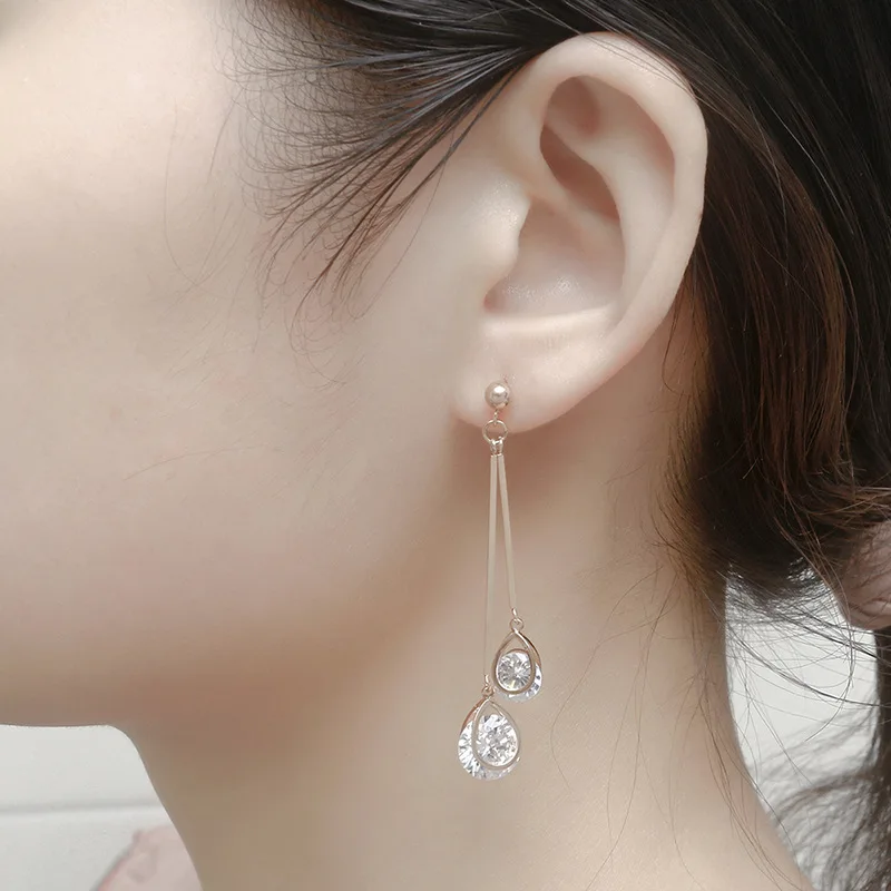 Женские длинные серьги в форме капель из розового золота с кристаллами женские