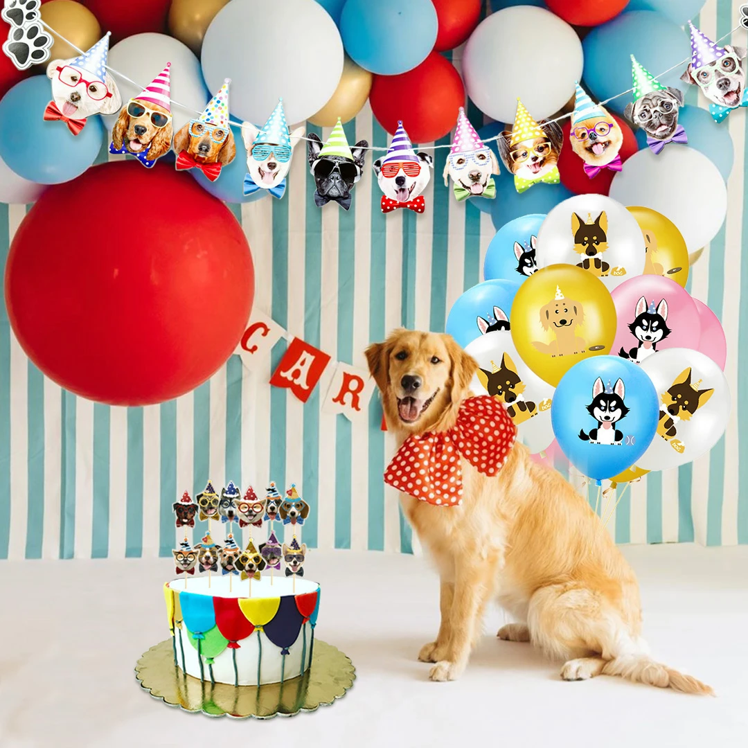 

1 Set Dog Birthday Banner 12 Inch Dog Print Latex Balloons Cake Topper for Dog Theme Happy Birthday Party Decoration