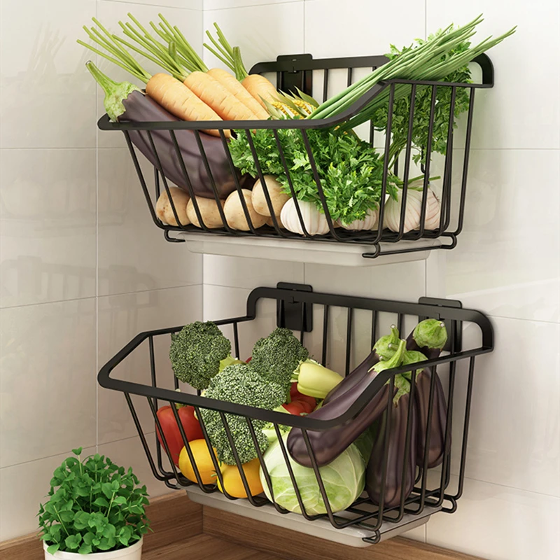 

Stainless Steel Kitchen Wall Hanging Storage Basket Spice Rack Fruit Vegetables with Drain Organizer Dish Drying Shelf Container