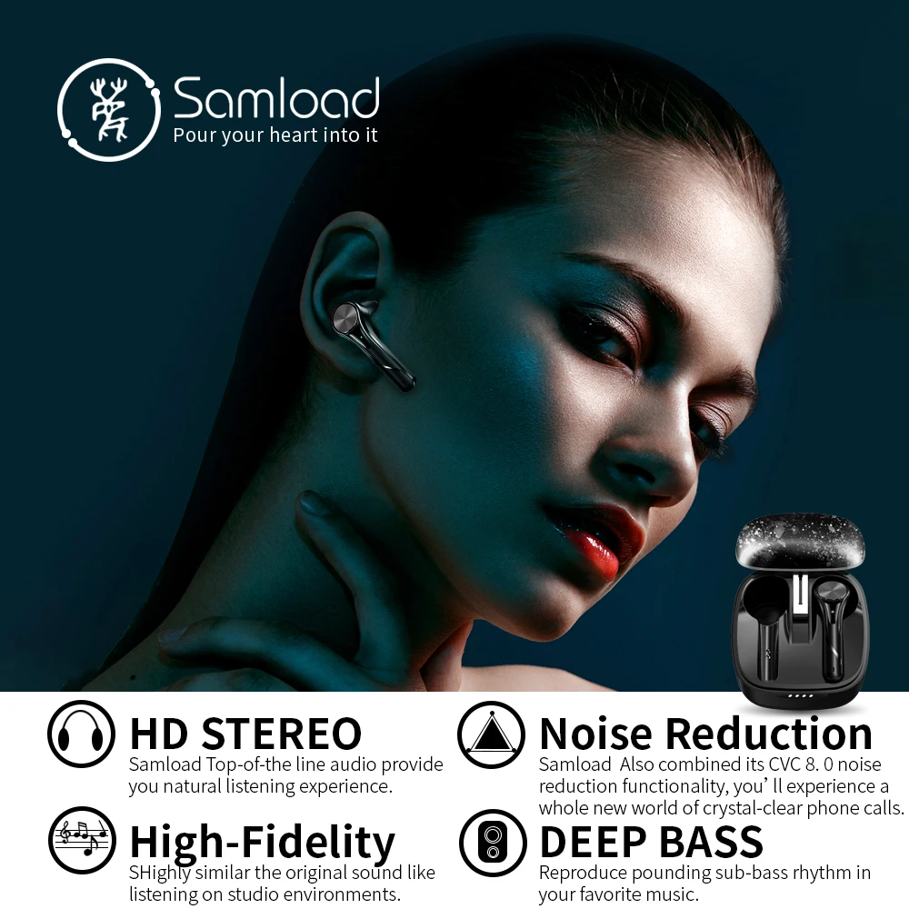 Наушники Samload Bluetooth 5,0, беспроводные наушники с глубоким басом, наушники CVC, шумоподавление с зарядным устройством для iPhone, samsung