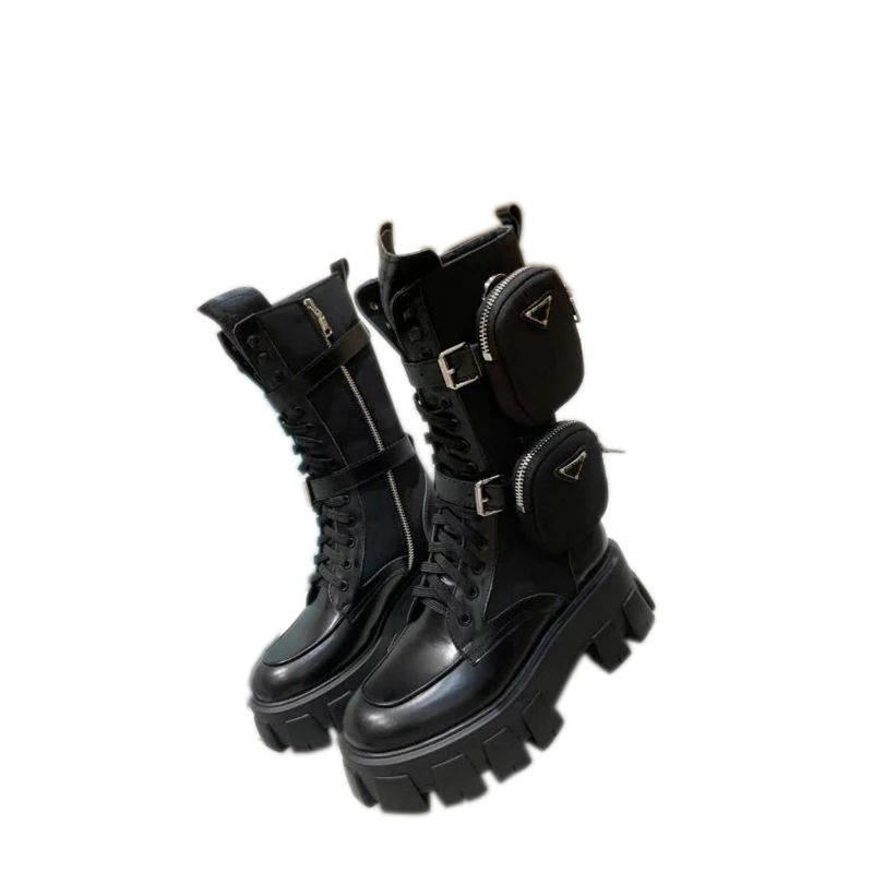 

New Fashion Genuine Leather Metal Buckle Pocket Motorcycle Boots Women Round Toe Lace-up Chunky Platform Waterproof Shoes