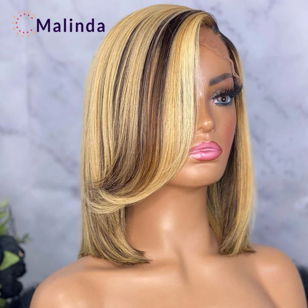 

Blonde Ombre Tranparent Lace Front Wig Highlight Pixie Cut Bone Straight Short Bob Wigs For Women Pre Plucked Bleached Knots