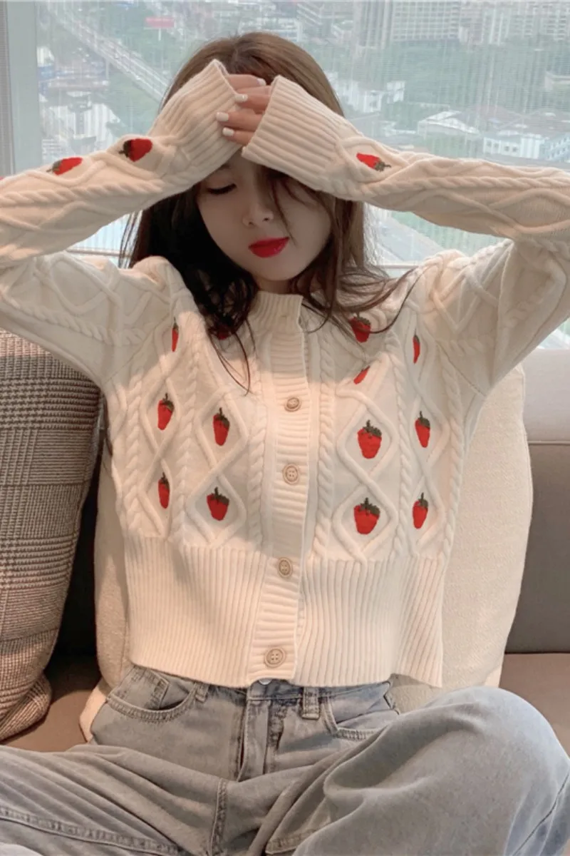 

Strawberry Embroidered Loose Jacket with Short Sweater, Spring 2021 New White Cardigan Jacket Crop Top Women Clothing
