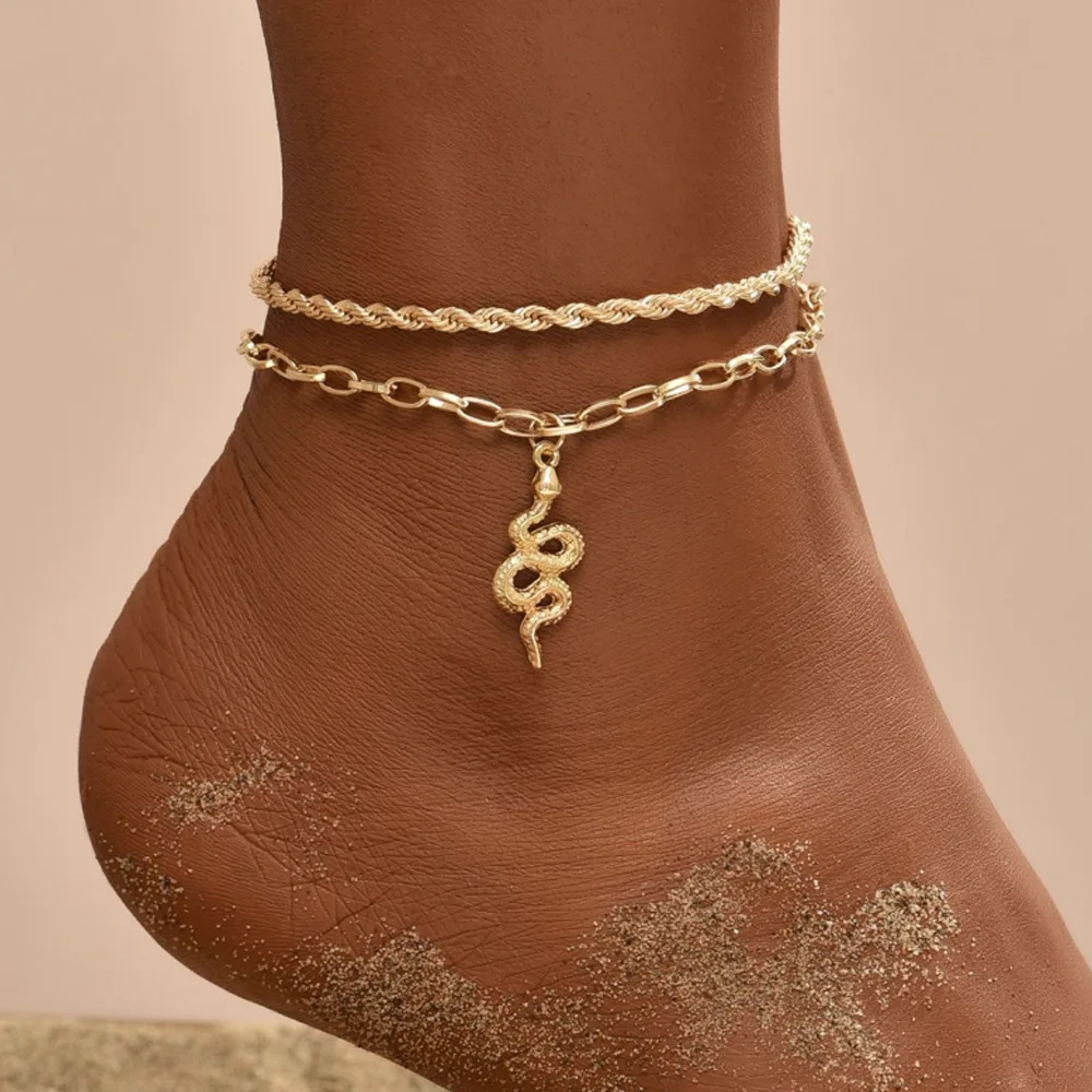 

Double-Deck Retro Twist Snake Chain Anklet Snack Leg Bracelet For Women'S Stainless Steel Ankle Chain Jewelry 2021 Fashion Set