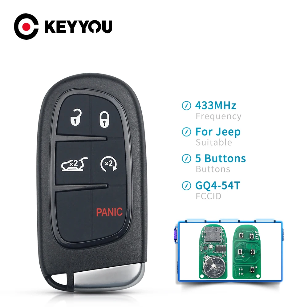 KEYYOU Replacement 4A Chip Remote Car Fob Smart Key For Jeep Cherokee 2014 2015 2016 2017 Keyless Entry GQ4-54T 5 Buttons 433Mhz