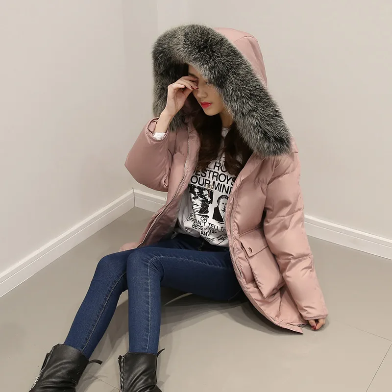 

AYUNSUE Winter Women Parkas Female Faux Fur Collar White Duck jacket Ladies Long Zipper Down Coat Doudoune Femme ST288