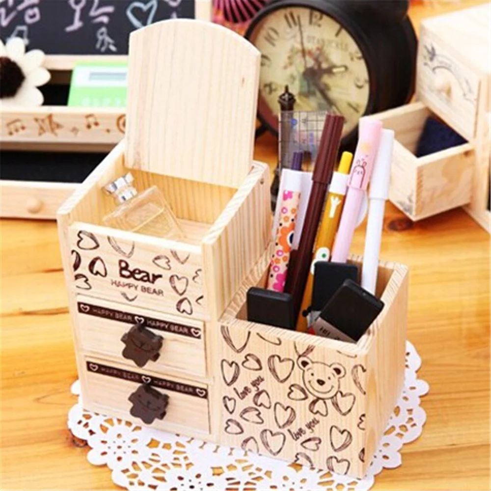 

Bear Wooden Pen Holder Kawaii Desk Tidy Organizer Pencil Holder Cute Anime Cartoon Desktop Pen Pot Creative Office Accessories