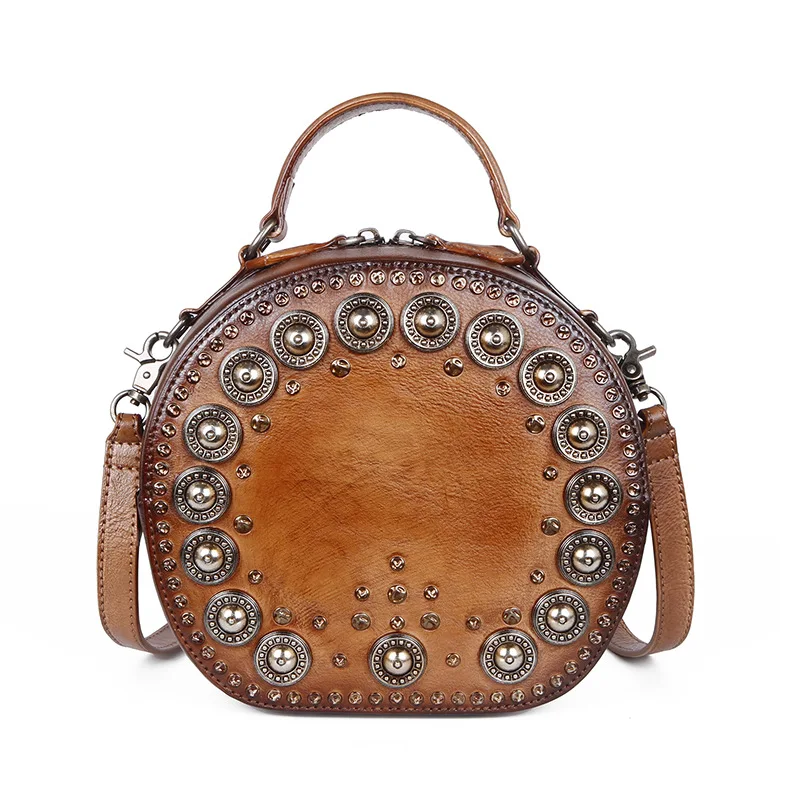 

MOTAORA Retro Top-handle Bag Handmade Rivet Round Bags For Women 2021 New Genuine Leather Shoulder Bags Solid Color Bag Ladies