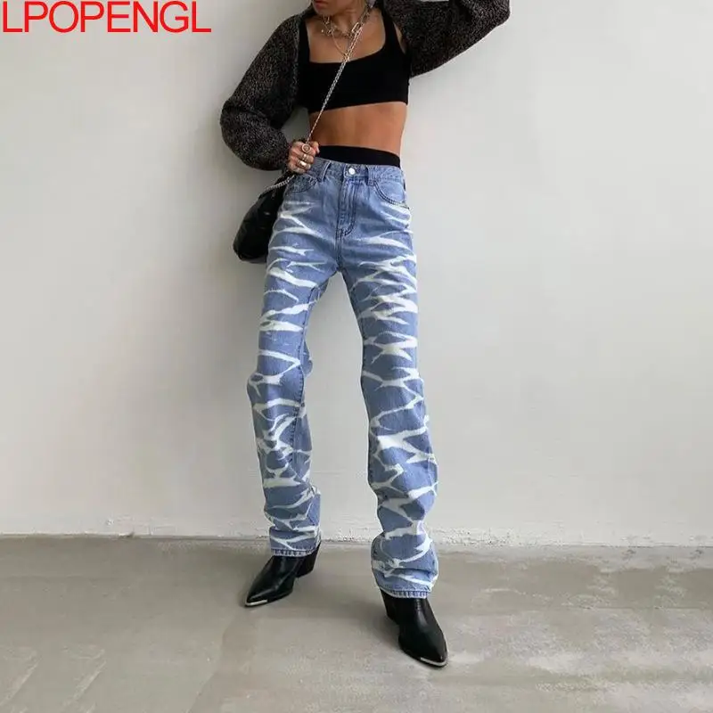 

Fashion Casual Blue Cotton High Waist Loose Straight Leg 2021 Ladies Jeans Street Wear All-match Elastic Zipper Ladies Trousers