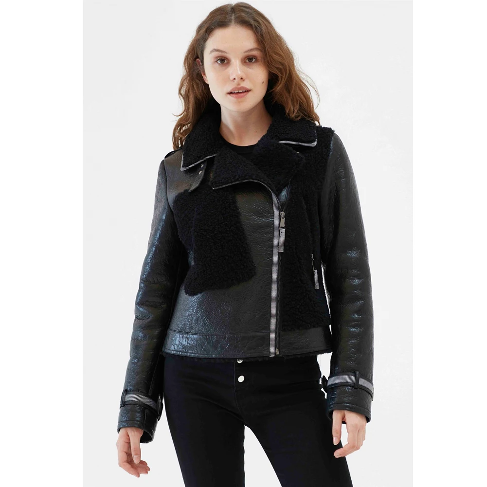 Womens Black Shearling Coat Turkey Wool Coat Short Leather Jacket Womens Bomber Jacket Fur Coat