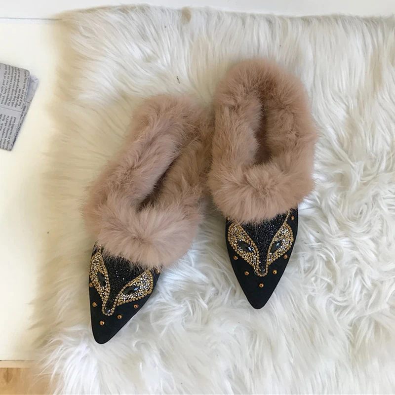 Туфли с лисичкой из женские туфли на меху Стразы украшением в виде кристаллов